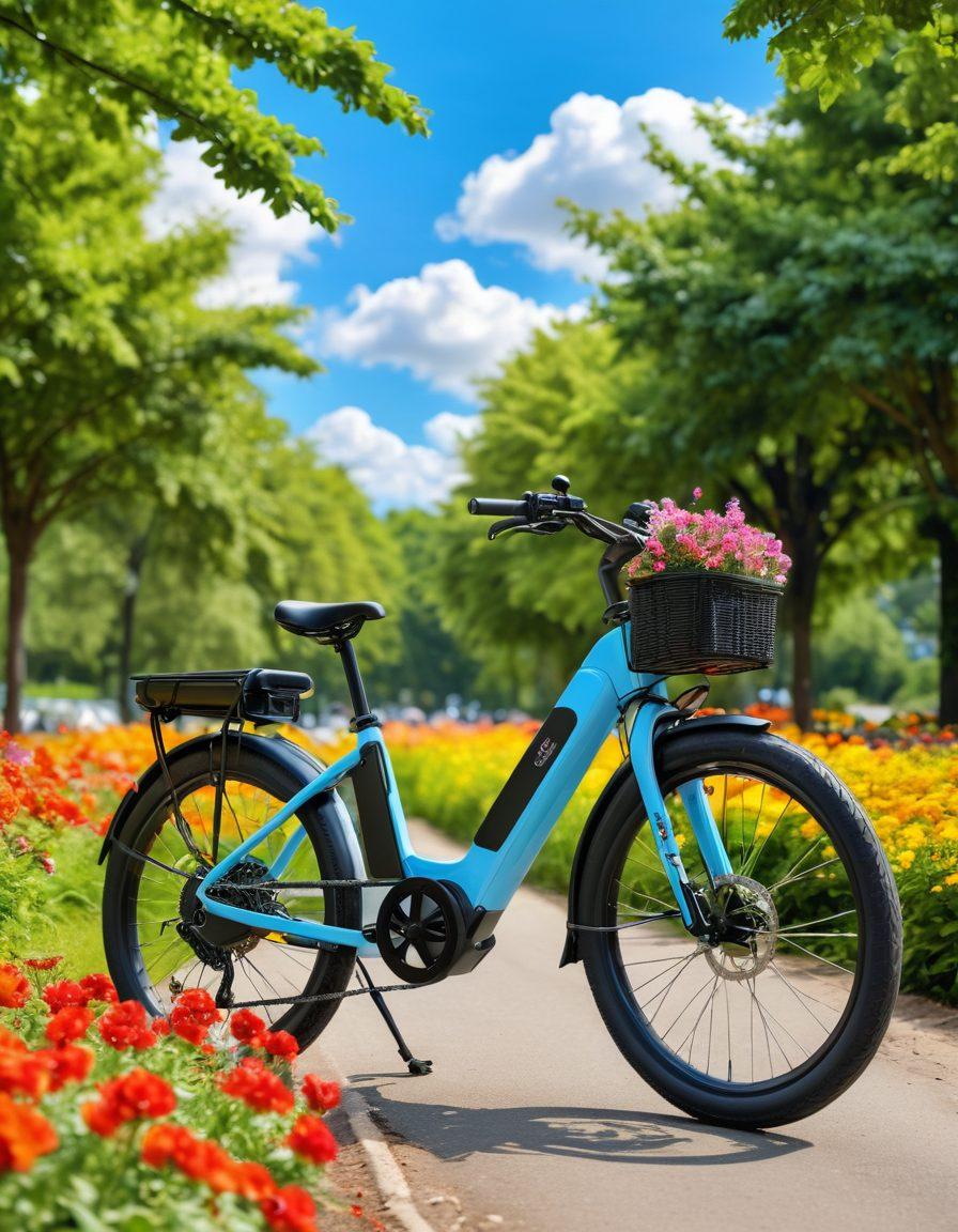 A visually appealing electric bicycle parked in a scenic urban environment, surrounded by vibrant green trees and colorful flowers. The bike should be fitted with a digital display showing insurance options and a shield symbol representing security. In the background, a clear blue sky with fluffy clouds and cyclists wearing helmets, evoking a sense of safety and freedom. This image should capture a feeling of adventure while highlighting the importance of bicycle insurance. super-realistic. vibrant colors. outdoor setting.