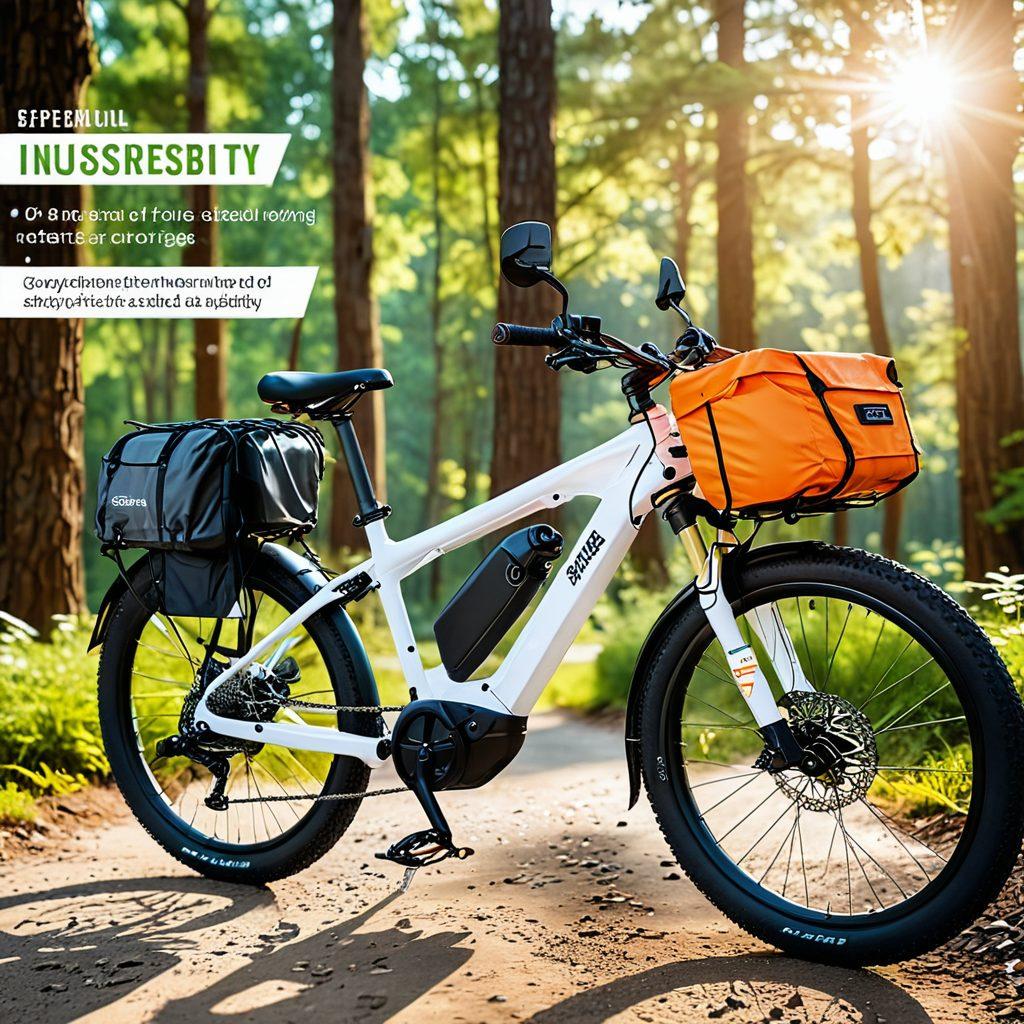 A stylish e-bike parked on a scenic trail, surrounded by safety gear like helmets and reflective vests. In the background, a dynamic infographic illustrating e-bike insurance coverage and policies, featuring icons of various safety measures and legal documents. Bright sunlight filtering through trees, highlighting the importance of safety while riding. The vibe should be informative yet inviting, reflecting a sense of freedom and responsibility. super-realistic. vibrant colors. white background.