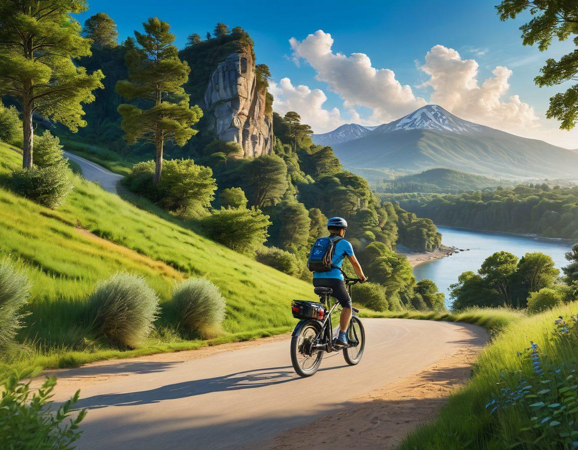 A serene landscape featuring a cyclist riding an electric bike along a peaceful trail, with a backdrop of lush greenery and soft rolling hills. Include a clear blue sky, hinting at a carefree journey, while floating icons of insurance symbols (like a shield and checkmark) are subtly integrated into the scene. Capture a sense of harmony and confidence. vibrant colors. super-realistic.